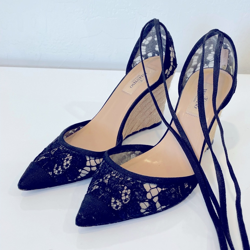 Valentino Garavani 3.5” heels black lace wedge sandals
